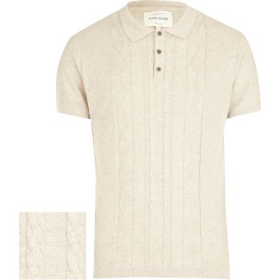 Ecru cable knitted polo shirt
