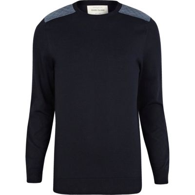 Navy quilted shoulder patch jumper