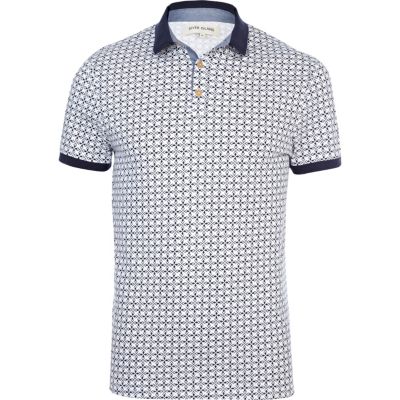 Ecru tile print short sleeve polo shirt