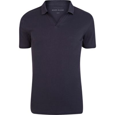 Navy open neck rib polo shirt