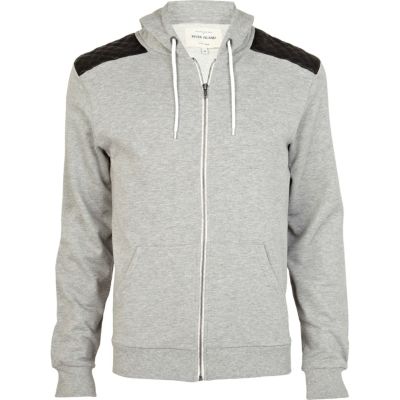 Grey leather look shoulder patch hoodie