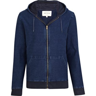 Blue denim-look zip through hoodie