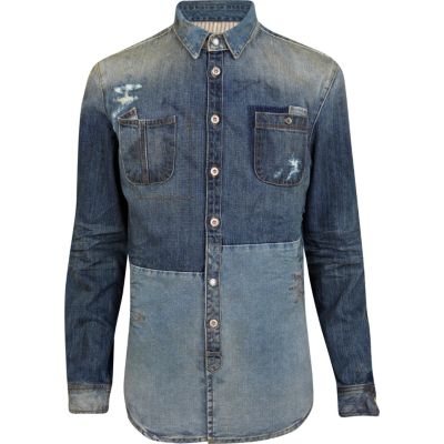 Mid wash Holloway Road patch denim shirt