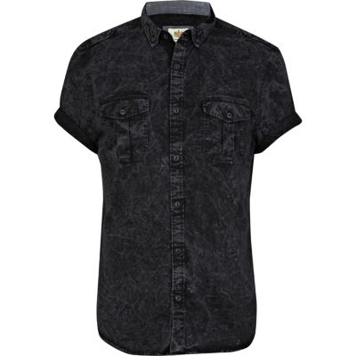 Black acid wash short sleeve military shirt