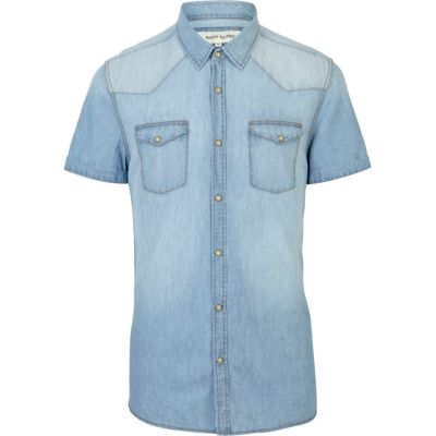 Light wash western short sleeve denim shirt