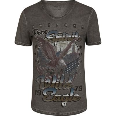 Grey wild eagle washed scoop neck t-shirt