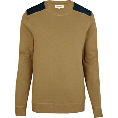 Brown quilted denim shoulder patch sweatshirt