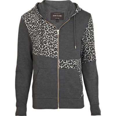 Grey leopard print colour block hoodie