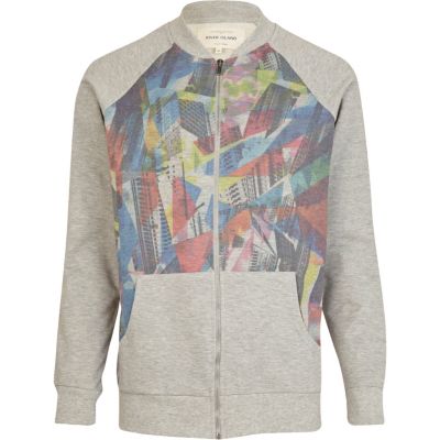 Grey colour block print baseball jacket