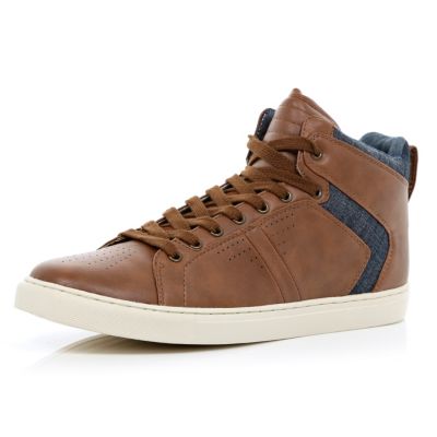 Brown denim panel lace up high tops 