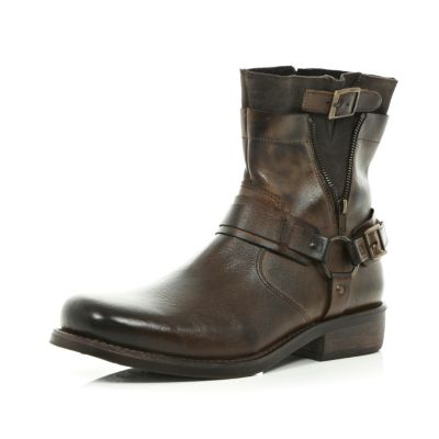 Brown distressed zip side biker boots