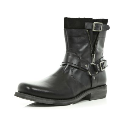 Black distressed side zip biker boots