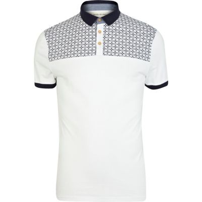 White tile print yoke polo shirt