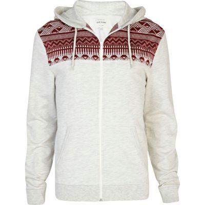 Ecru contrast jacquard yoke hoodie