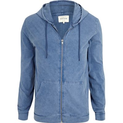 Navy acid wash zip through hoodie 