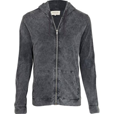 Grey acid wash zip through hoodie 