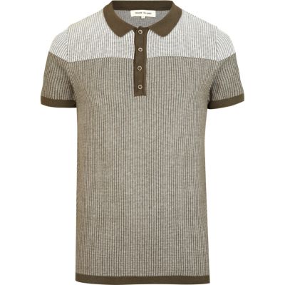 Green colour block pattern knitted polo shirt