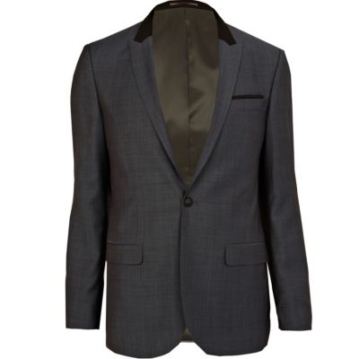 Dark blue contrast collar slim suit jacket