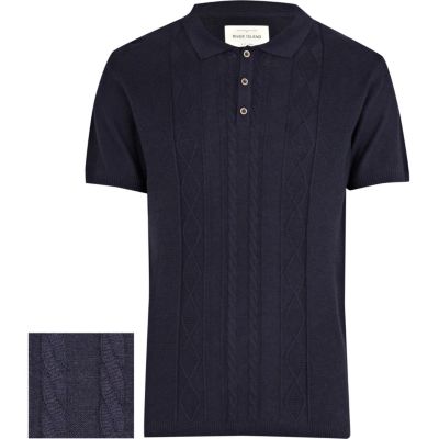 Navy cable knitted short sleeve polo shirt