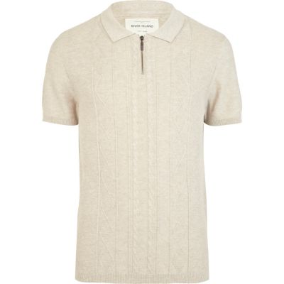 Ecru cable knitted zip polo shirt