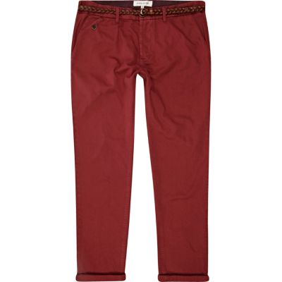 Red belted turn up slim chinos
