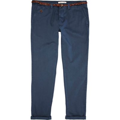 Navy plaited belt slim chinos