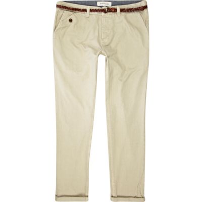 Stone belted slim chinos
