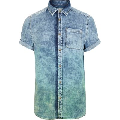 Blue dip dye acid wash denim shirt