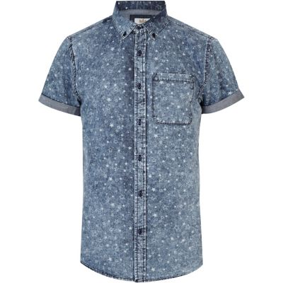 Blue star print short sleeve denim shirt