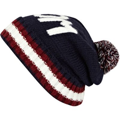 Navy boom stripe trim knitted beanie hat