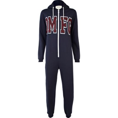 Navy OMFG print hooded onesie