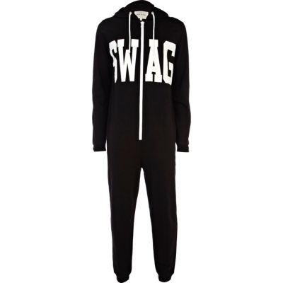 Black swag print hooded onesie