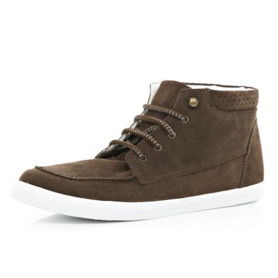 Brown suede lace up trainer boots