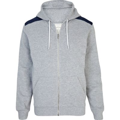 Grey marl denim shoulder patch hoodie