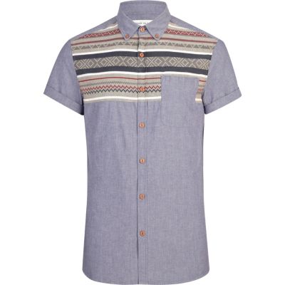 Blue chambray aztec panel shirt