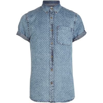 Blue cross print denim shirt 