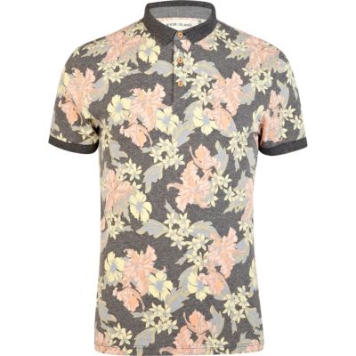 Grey floral contrast trim polo shirt