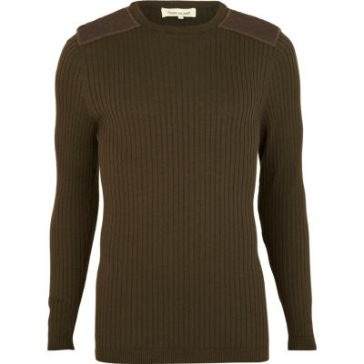 Green ribbed shoulder patch jumper