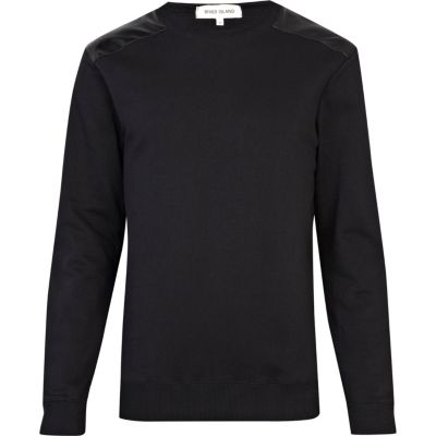 Black leather look shoulder patch sweatshirt