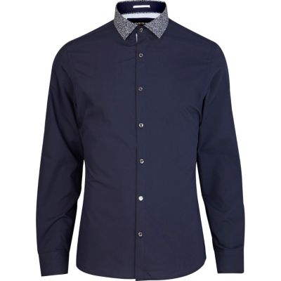 Navy contrast floral collar long sleeve shirt