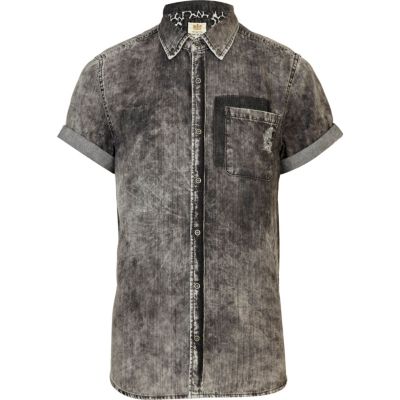 Grey acid wash distressed denim shirt