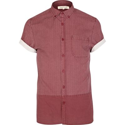 Red ditsy print colour block shirt
