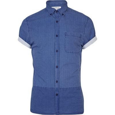 Blue ditsy print colour block shirt