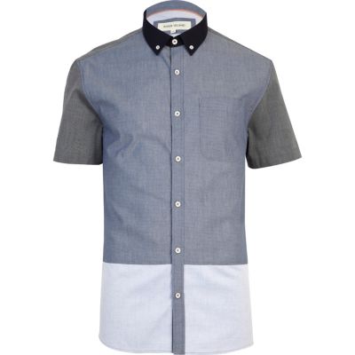 Blue chambray colour block shirt