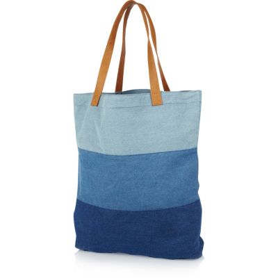 Blue colour block denim shopper bag 