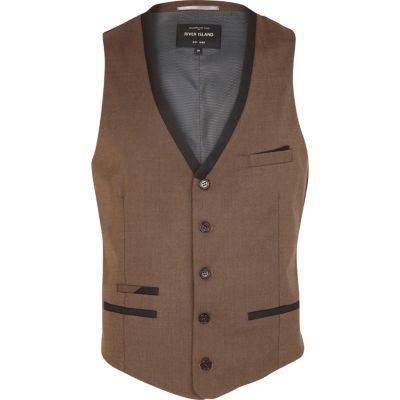 Brown contrast trim smart waistcoat