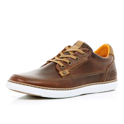 Brown leather lace up trainers
