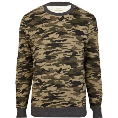 Green camo print crew neck sweatshirt
