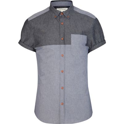 Blue chambray colour block shirt