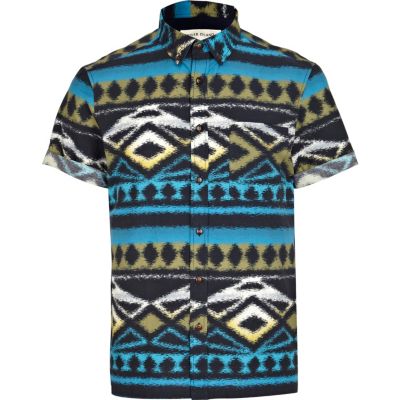 Blue aztec print short sleeve shirt